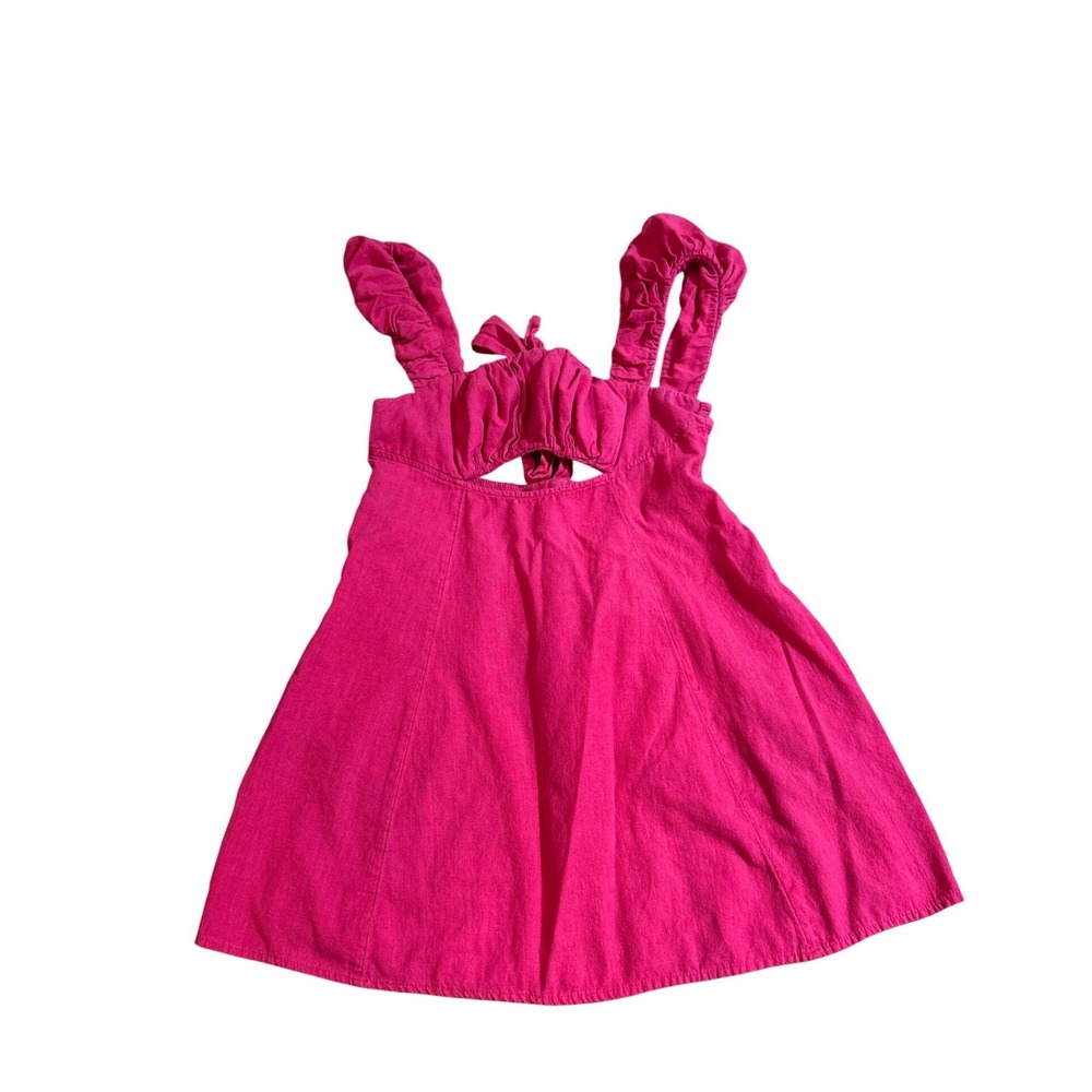Free People Mini Dress Women Pink Boho Cutout Ruffle Strap Cotton Linen SIZE S
